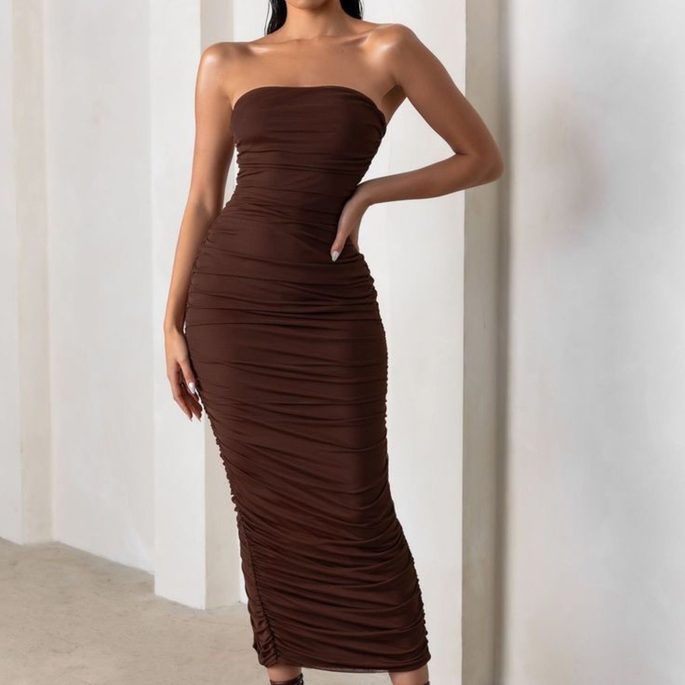 ZARA STRETCHY BROWN dressStrapless Ruched Bodycon Dress - Brown